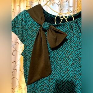 Blu Sage Teal Blue Black Bow Front Retro Wiggle Secretary Dress 18